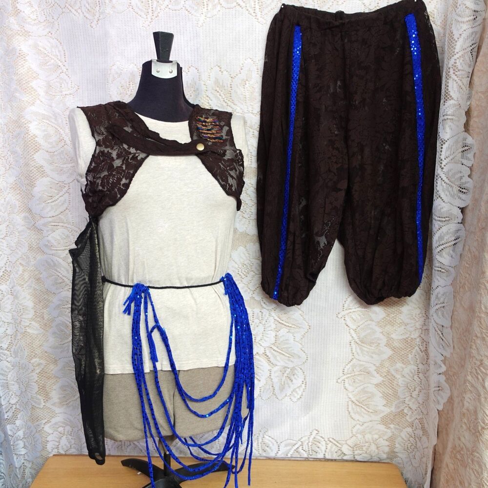 Handmade Small Costume Sheer Lace Harem Pants Lace Vest Accessory Hip Skirt Blue